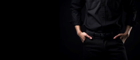 Macho male black hands pocket banner. Looking fashion camera guy portrait. Generate Aiの素材