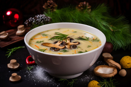 Mushroom soup bowl food. Organic lunch food delicious herb. Generate Aiの素材