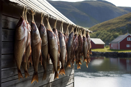 Norwegian hanging outdoor dried fishes. Traditional unsalted stock fish dried in cold air. Generate aiの素材
