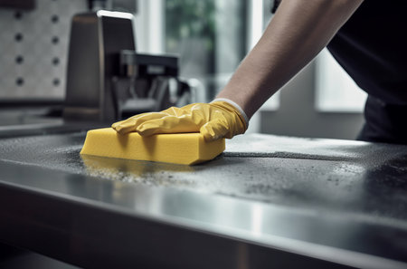 Person use yellow sponge clean stainless equipment. Metal maid dirty interior cleaner. Generate Aiの素材