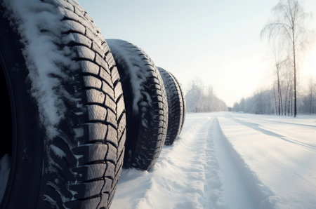 Winter vehicle tires on the frosty road. Rubbery wheels for safe wintertime driving. Generate aiの素材
