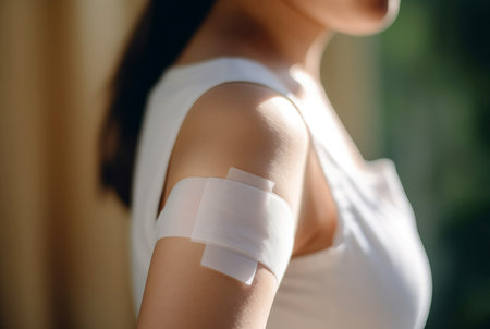 Woman adhesive bandage arm in sun lights. Hospital injection patient hurt care skin. Generate AIの素材