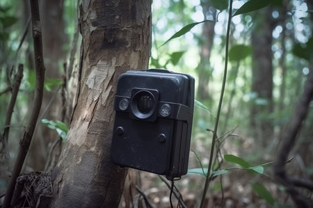 Camera trap in forest. Wildlife research and animal movement photography equipment. Generate aiの素材