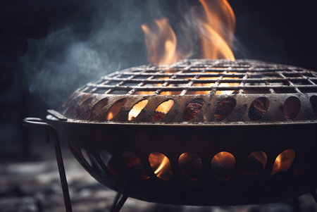 Barbecue grill with burning fire closeup photo. Empty flaming cooking and roasting grate. Generate aiの素材