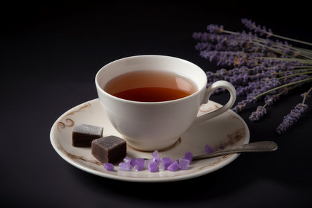 Lavender tea sweetener hot drink. Hot natural leaf health banner. Generate AIの素材