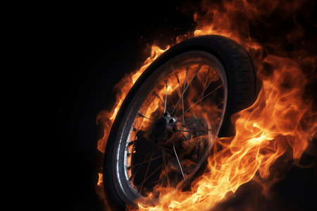 Wheel in fire flames. Burning car rubber tire on black background. Generate aiの素材