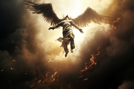 Lucifer falling from heaven sky. Satan punishment angry arrogant biblical. Generate AIの素材
