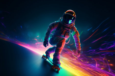 Skateboarder in astronaut suit riding. Sport dude skateboarding on bright neon colorful background. Generate aiの素材