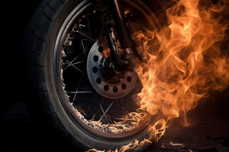 Wheel in glowing orange fire flames. Burning auto in fiery bonfire dangerous flames. Generate aiの素材
