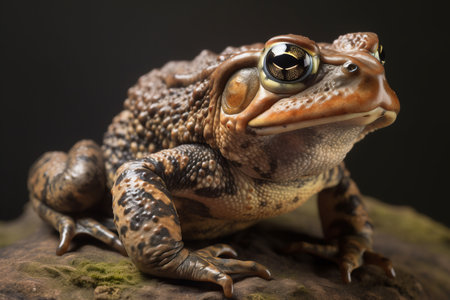 Brown toad closeup photo. Wildlife poisonous ugly amphibian frog. Generate aiの素材