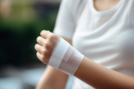 Woman adhesive bandage arm. Doctor treatment pain injury patch. Generate AIの素材