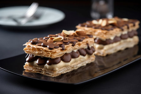 Mille feuille dessert with chocolate. Layers of puff pastry filled with custard. Generate aiの素材