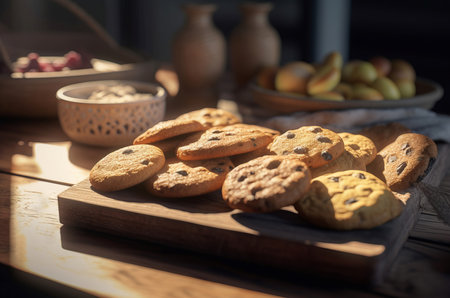 Freshly baked cookies table chip. Stack pile copy biscuit fresh. Generate AIの素材