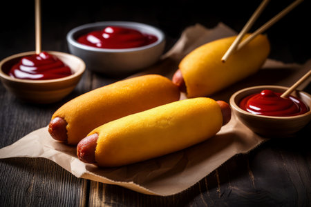 Homemade corn dogs. Sausage snack mustard fast food. Generate AIの素材