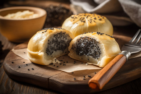 Yeast bun poppy. Soft and ruddy roll with delicate filling of aromatic seeds. Generate AIの素材