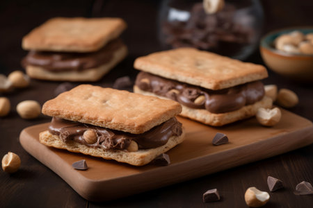 Hazelnut cookie sandwiches dessert. Sweet dessert biscuit meal food. Generate AIの素材