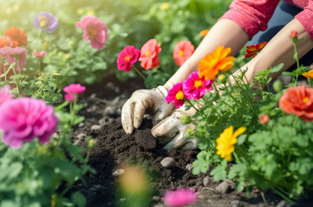 Hands planting flowers activity blossoms. Potting outdoor plant leaf spring. Generate AIの素材