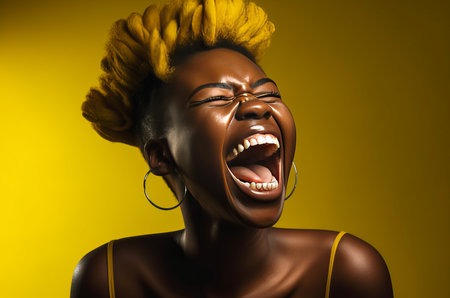 Black female model laughs beauty. Face happy portrait casual joy. Generate Aiの素材