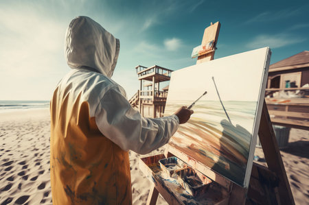 Photography painter beach canvas. Creative travel real work street. Generate Aiの素材