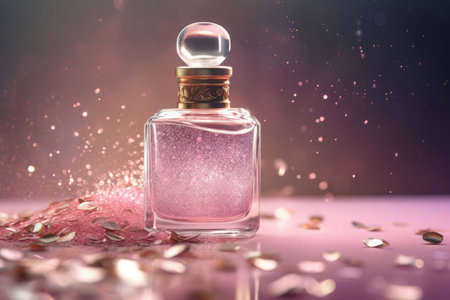 Perfume bottle little glitters rain studio. Fabric silk soft glass liquid. Generate Aiの素材