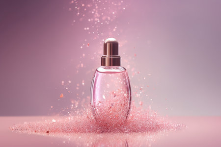 Perfume bottle little glitters rain fabric pink. Silk drapery glossy skin. Generate Aiの素材