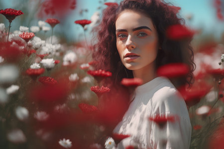 Woman dressed red white color floral field. Person summer style face. Generate Aiの素材