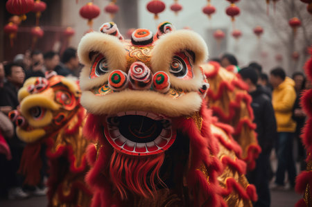 Chinese New Year lion eyes. Culture face art lunar celebration. Generate Aiの素材