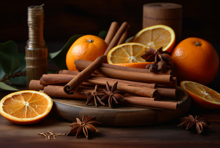 Cinnamon oranges anise on wooden table. Winter nature spa design. Generate Aiの素材
