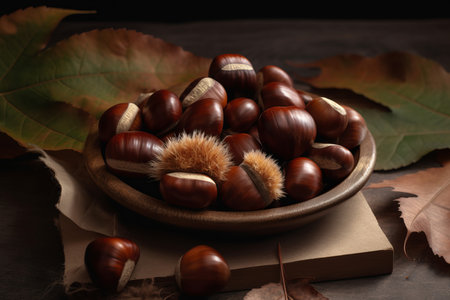 Fresh chestnuts bowl. Food tree seasonal seed plant snack. Generate Aiの素材