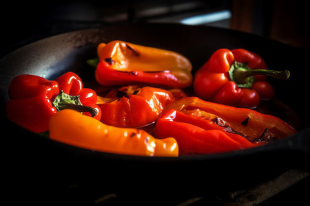 Roasted peppers in pan. Healthy tasty grilled vegetables in frying pan. Generate aiの素材