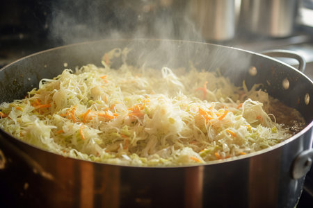 Sauerkraut cabbage in hot pot. Finely shredded cabbage pickling process. Generate aiの素材