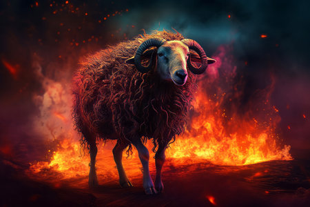Nightmare ram burning in fire flames. Demonic creepy inferno sheep with orange fiery flames. Generate aiの素材