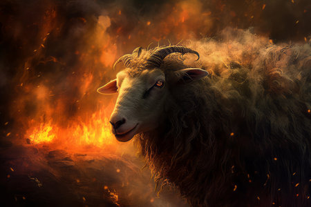 Nightmare sheep with orange fire flames. Terrified demonic creature with horn surrounded with fiery flames. Generate aiの素材