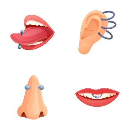 Piercing icons set cartoon vector. Piercing of various body part. Mechanical modification human bodyのイラスト素材