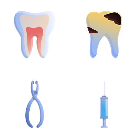 Caries treatment icons set cartoon vector. Human tooth and dental instrument. Dental clinic serviceのイラスト素材