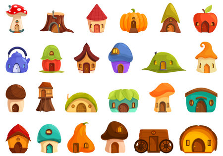 Gnome house icons set cartoon vector. Forest fairytale. Cottage dwelling treeのイラスト素材