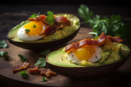 Avocado boats with eggs and bacon. Brunch healthy gourmet delectable dish. Generate aiの素材