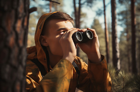 Man looking through binoculars in wild forest. Natural male explorer at lookout point. Generate aiの素材