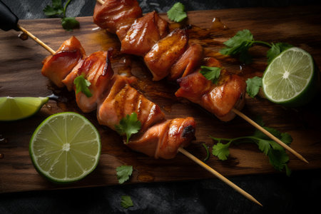 Roasted salmon skewers. Dinner meal cuisine meat recipe. Generate Aiの素材