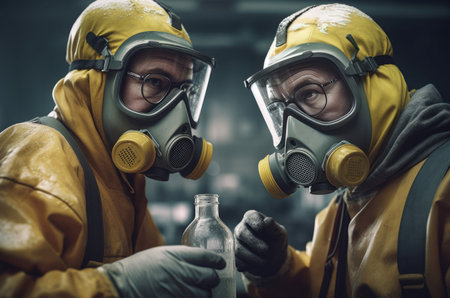 People protective suits. Qualified workers with protective yellow masks. Generate AIの素材