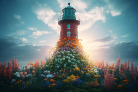 Flower puck lighthouse. Red building adorned with colorful and fabulous vegetation. Generate AIの素材