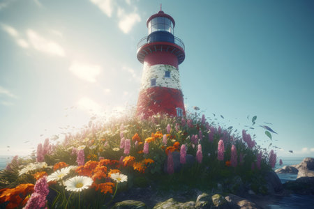 Beacon with colorful flora. Scarlet and white lighthouse with beautiful flowers. Generate AIの素材