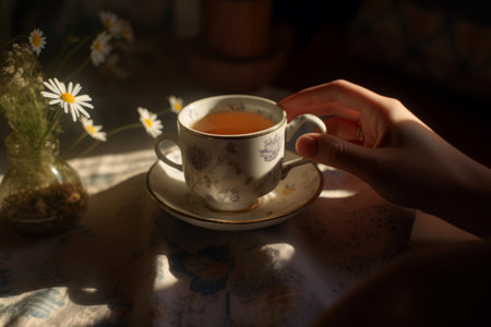Hand cup tea chamomile. Warm and pacifying drink with flower scented. Generate AIの素材