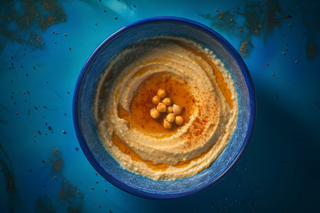 Top view of hummus in blue ceramic bowl. Vegetarian chickpeas paste appetizer dish. Generate aiの素材