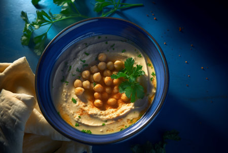 Top view of hummus in blue ceramic bowl with parsley. Chickpeas vegetarian creamy paste dish. Generate aiの素材