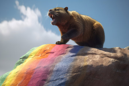 Cat on forest rock rainbow paint wild. Feline mammal cute hair wild. Generate AIの素材