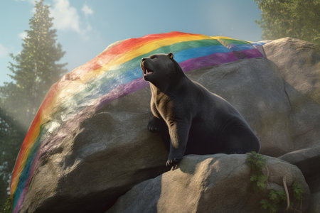 Cat on forest rock rainbow paint feline. Mammal creature funny predator. Generate AIの素材