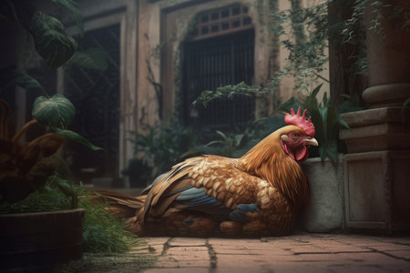 Chicken courtyard digitals. Large and colorful pet bird lying sidewalk yard. Generate AIの素材