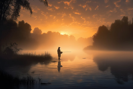 Dark silhouette fishing. Adult human stands lake and fishes orange dawn. Generate AIの素材