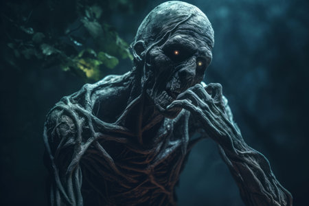 Disfigured zombie in horror forest. Scary monstrous apocalypse dead zombie. Generate aiの素材